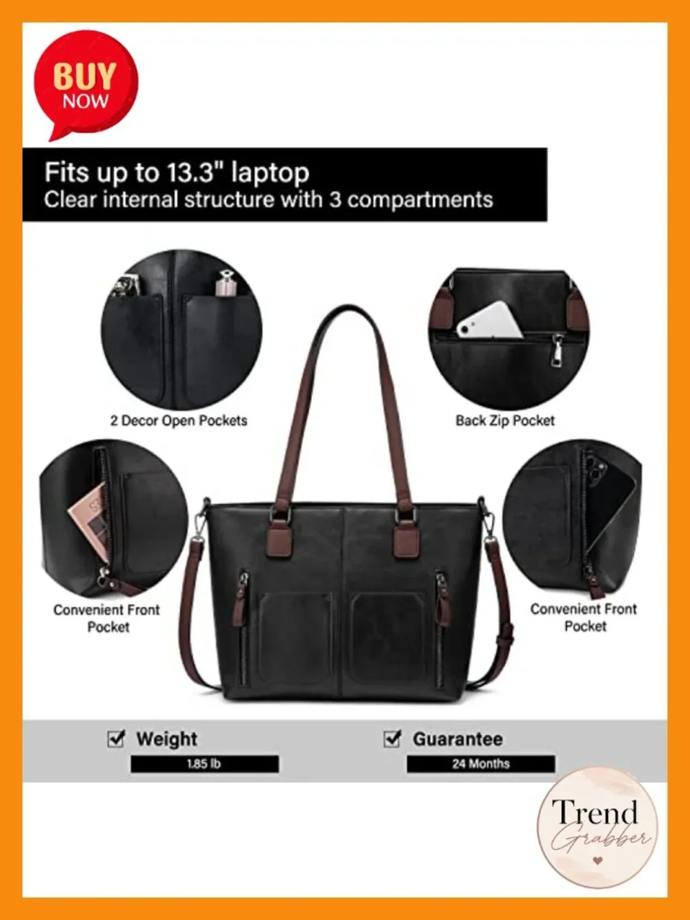 Vintage Faux Leather Tote Bag for Women, Multi-Pocket Shoulder Handbag, Work